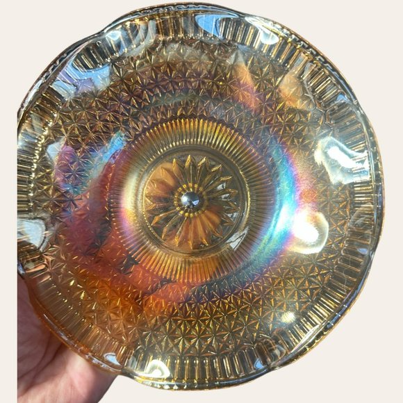 VINTAGE MARIGOLD CARNIVAL GLASS 8.25" BOWL ON METAL STAND - Picture 6 of 12
